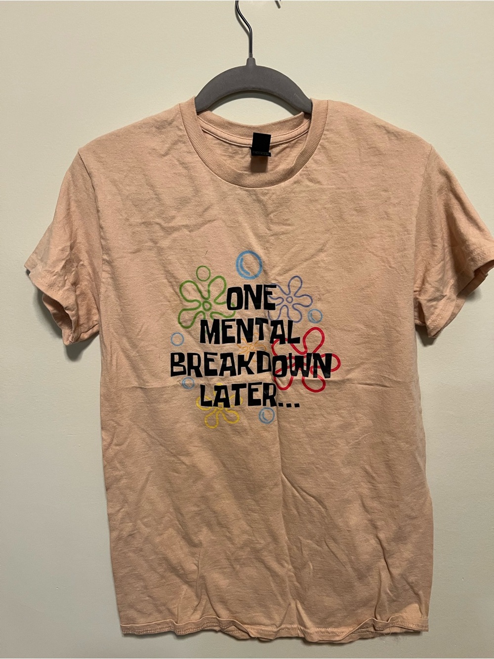 Gildan Peach Crew Neck Tee with Colorful Graphic Text